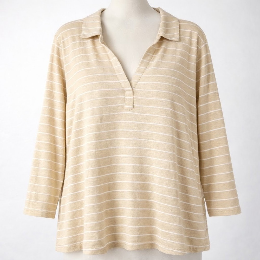 Lands End Striped Polo Long Sleeve Top White Beige Size 3X Coastal 100%‎ Cotton